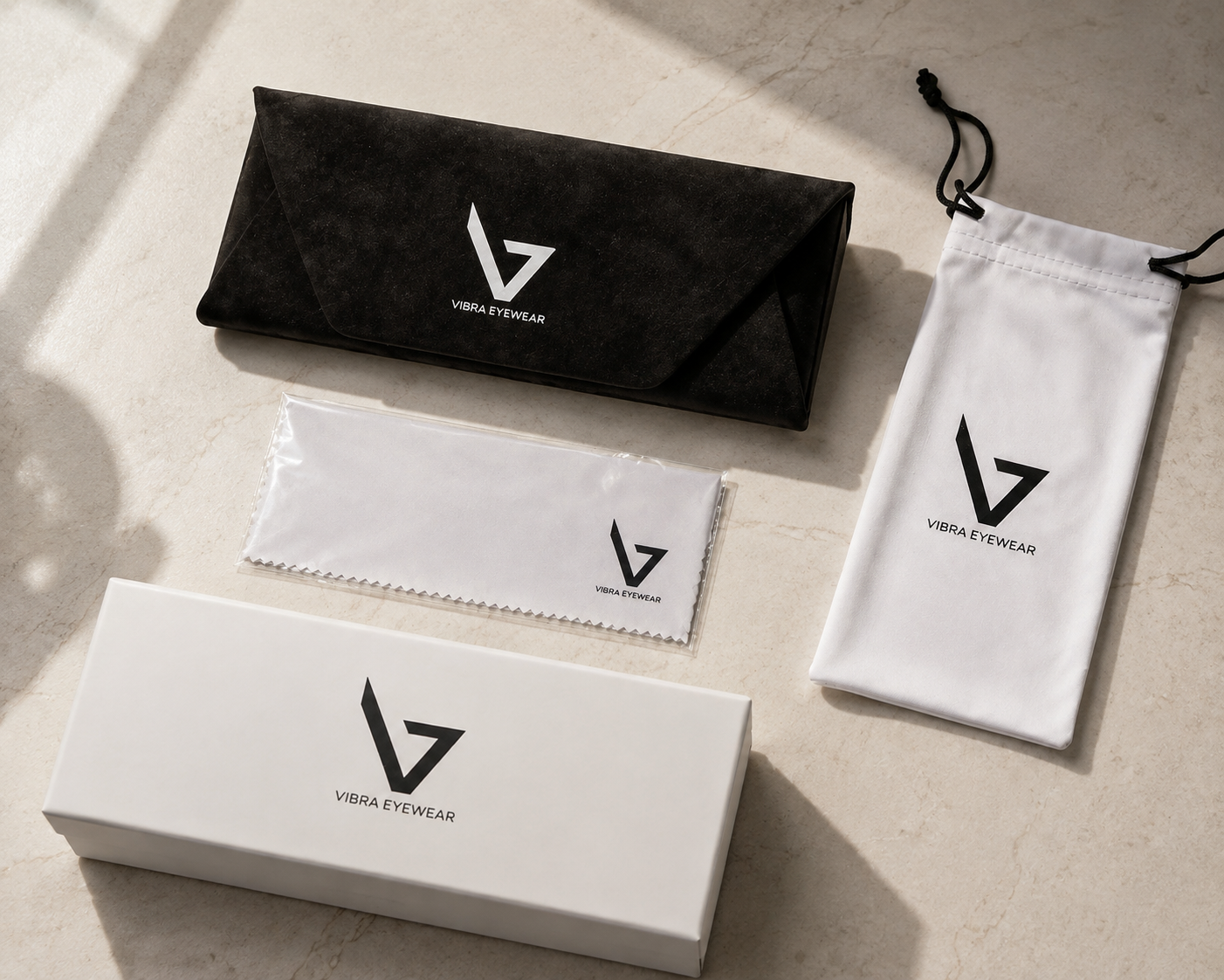 Packaging Vibra Eyewear con custodia, panno e accessori inclusi