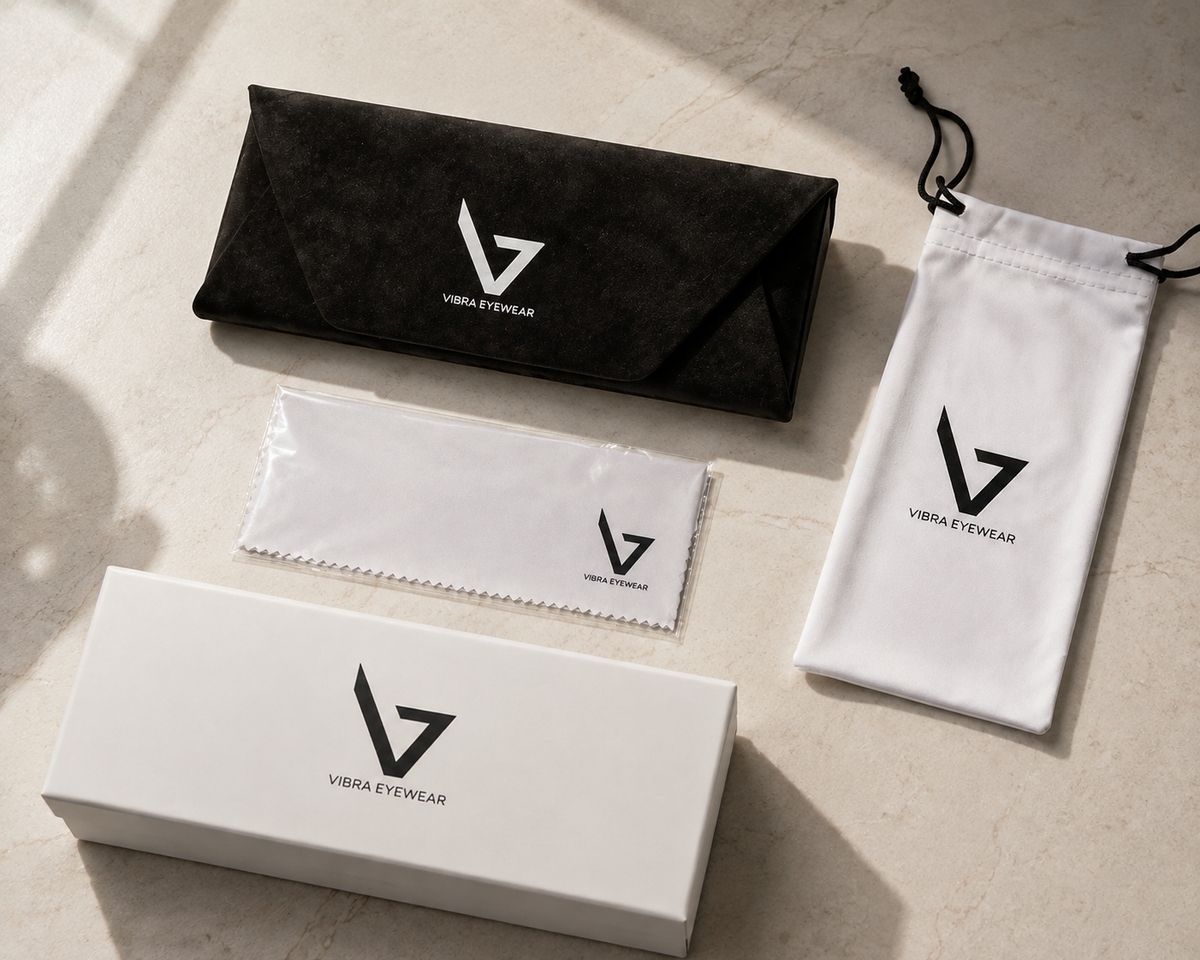 Packaging Vibra Eyewear con custodia, panno e accessori inclusi