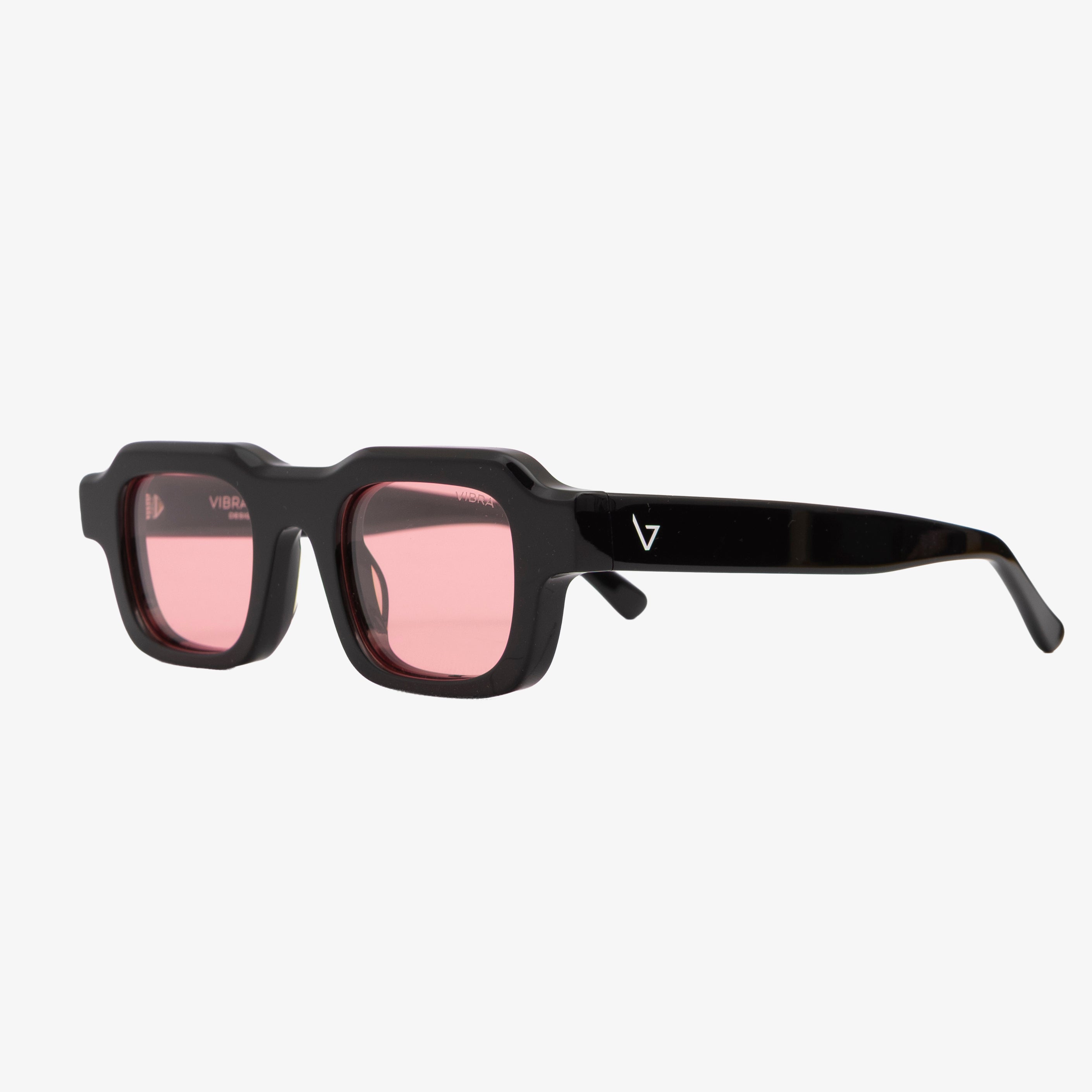 Occhiali da sole DOLLA, montatura nera, lenti rosa, vista a tre quarti