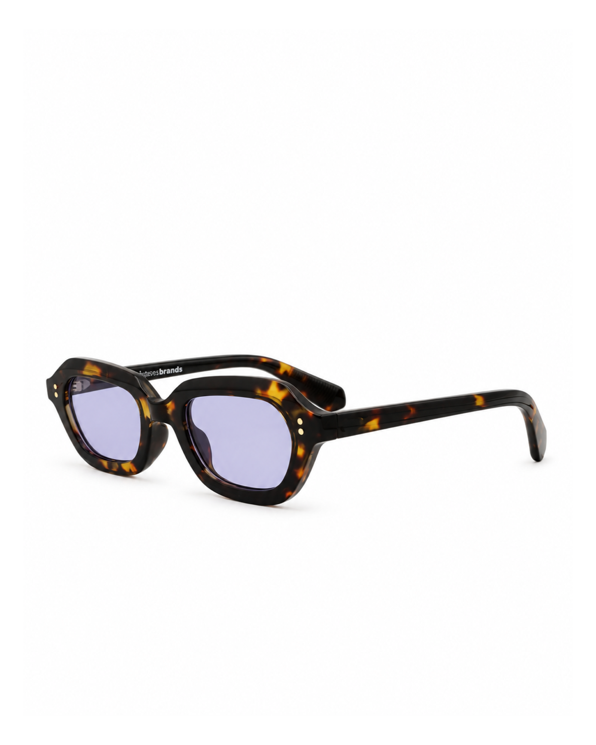 Occhiali da sole RIPON — Tartarugato con lenti viola, vista a tre quarti.
