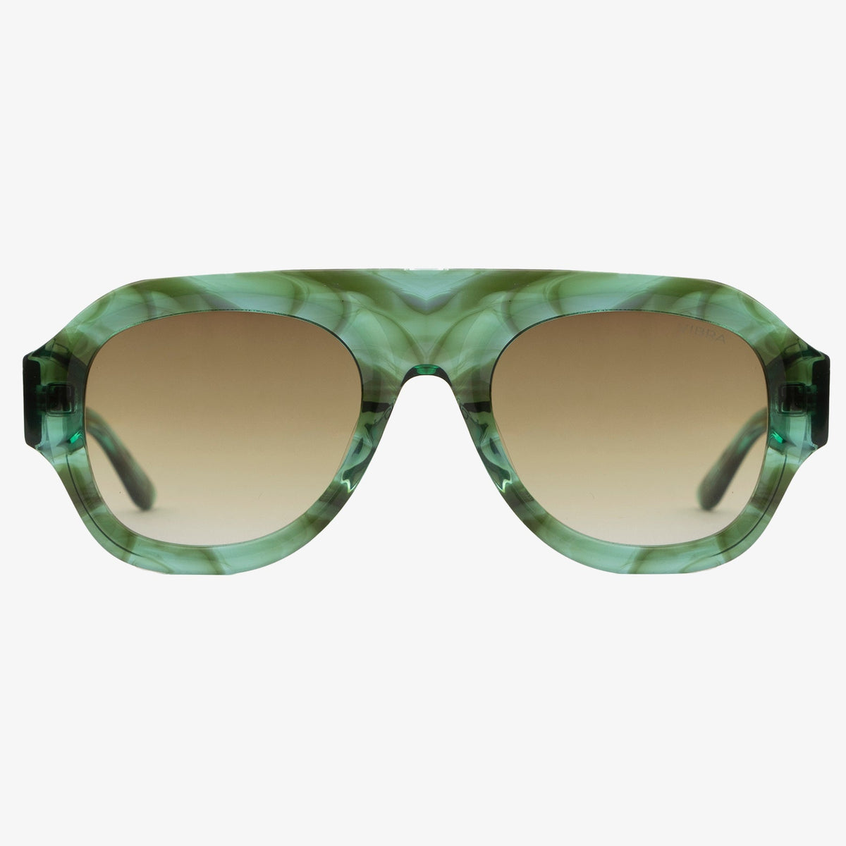 Occhiali da sole STUSSY, montatura rigata verde, lenti marroni sfumate, vista frontale