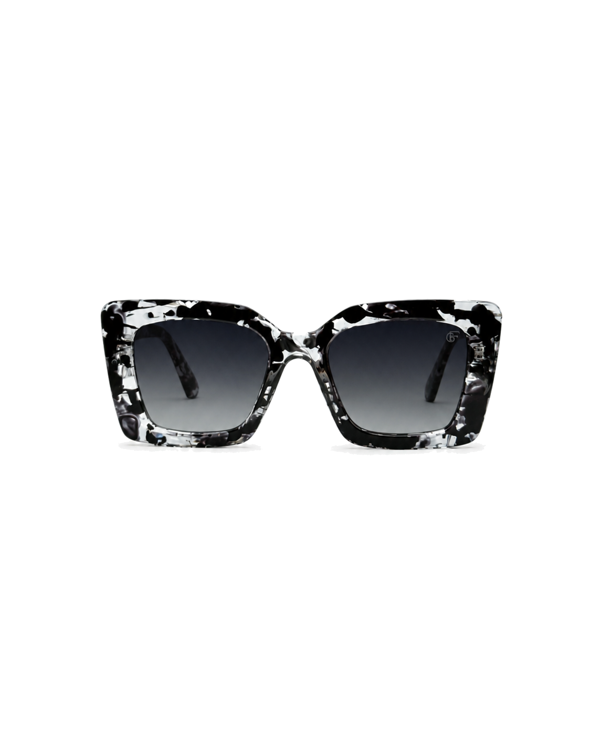 Occhiali da sole YORK, bianco nero marmorizzato con lenti grigie sfumate, vista frontale.